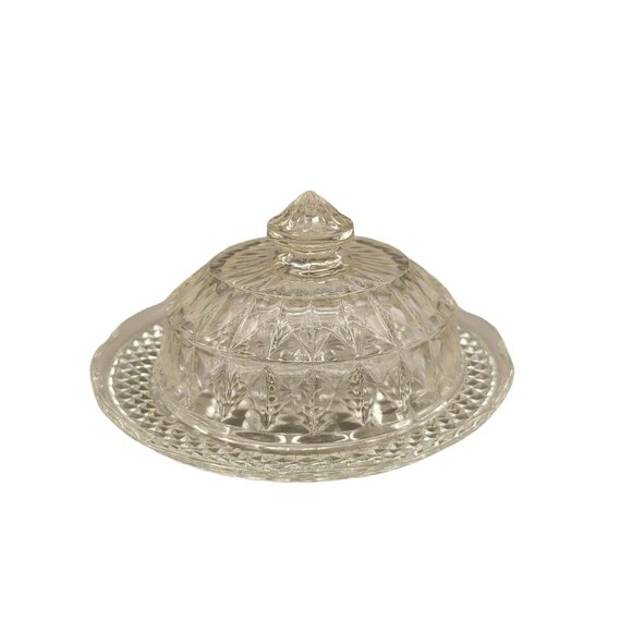 Jeannette Glass Windsor Crystal Butter Dish Clear Round Two Piece - Picture 2 of 7